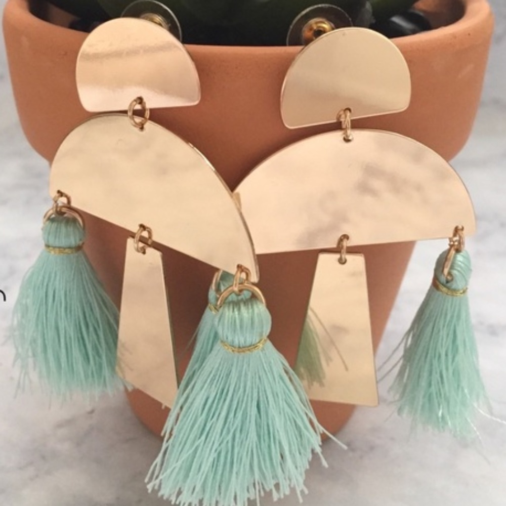 Gold & Mint Half Moon Tassel Earrings